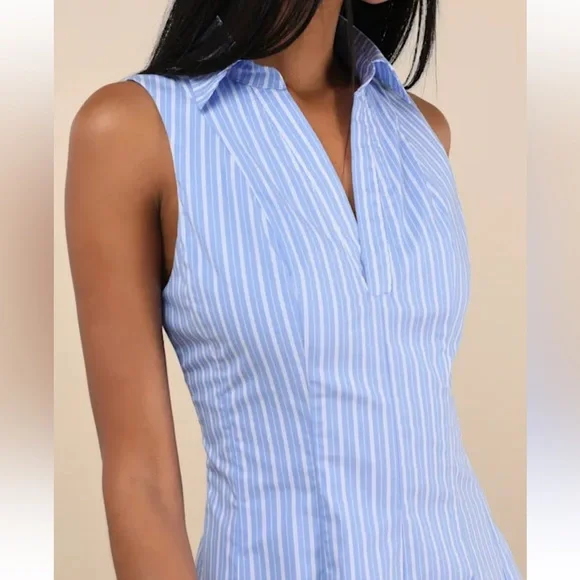 Lulus blue striped collared skater mini dress. Size large - Picture 5 of 5